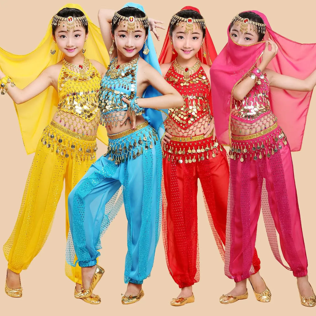 Ensemble de danse orientale pour enfants, costume de danse indienne pour enfants, costume de spectacle de danse ethnique, pantalon à motifs piments