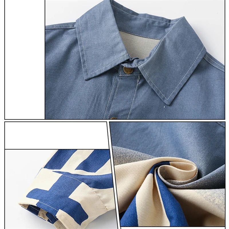 Chemise en jean dégradée à manches longues pour garçon, manches longues, avec inscription, bleu et orange, style décontracté, vêtements pour enfants