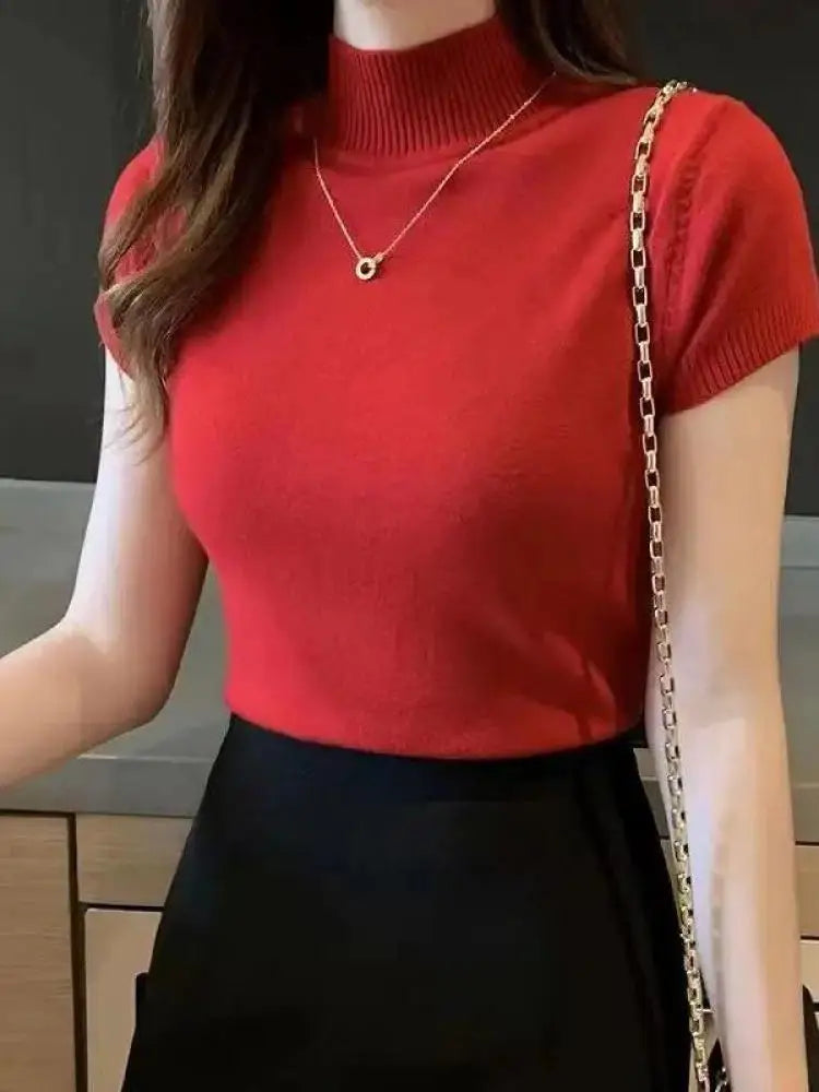 T-Shirt à col mi-haut pour femmes, pull à la mode, hauts décontractés, Style coréen, vêtements élégants de couleur unie, saison printemps et été