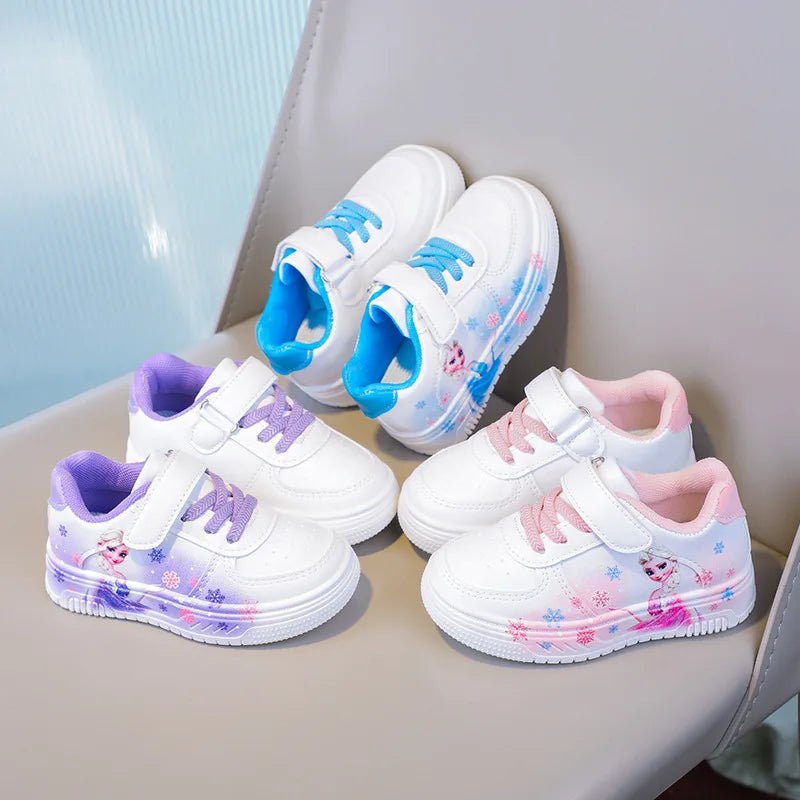 Chaussures blanches Disney pour filles, en cuir PU, motif princesse Elsa de La Reine des Neiges, chaussures de sport plates imperméables pour bébé fille, pointure