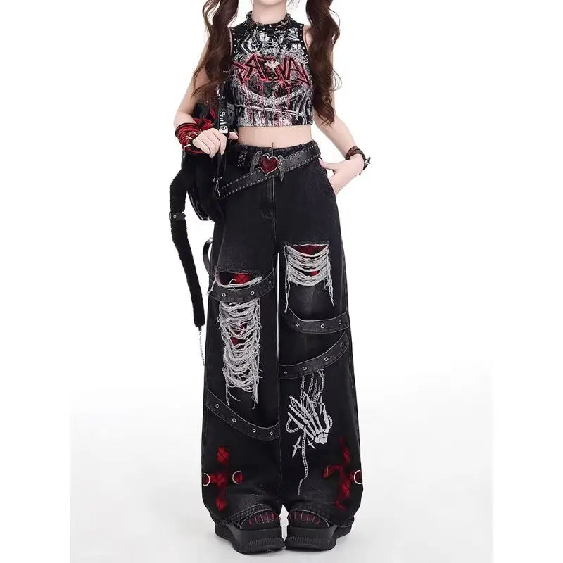 Pantalon en denim ample et décontracté pour fille épicée, style américain, punk rétro lavé, à la mode, polyvalent, décontracté
