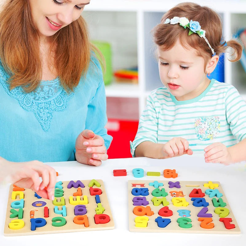 Puzzle en bois Montessori pour enfants - Jeu éducatif alphabétique, arithmétique, numérique et géométrique pour l'apprentissage préscolaire
