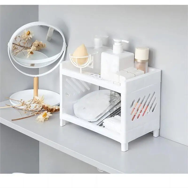 1 étagère de rangement rectangulaire blanche à double niveau en polypropylène (PP) pour bureau, idéale pour organiser le bureau des étudiants, les cosmétiques et la papeterie