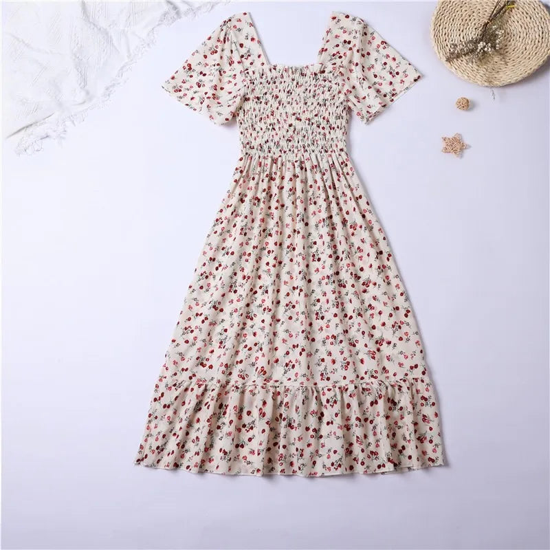 Printemps été robe en mousseline de soie femmes robes mi-longues femme manches courtes taille élastique imprimé fleuri plissé dos nu tenue décontractée