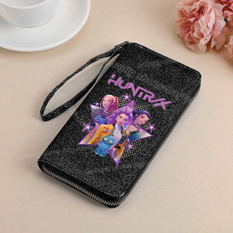 Portefeuille long KPop Demon Hunters pour femmes, à paillettes et fermeture éclair, en cuir PU, porte-monnaie, porte-cartes d'identité, pochette pour femme