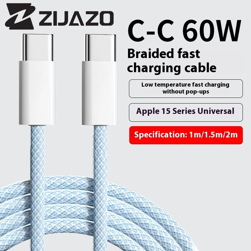 Câble couleur ZIJAZO USB-C à Type C pour Apple iPhone 15 PD 60W charge rapide pour Huawei Xiaomi Samsung câble de tissage de Type C