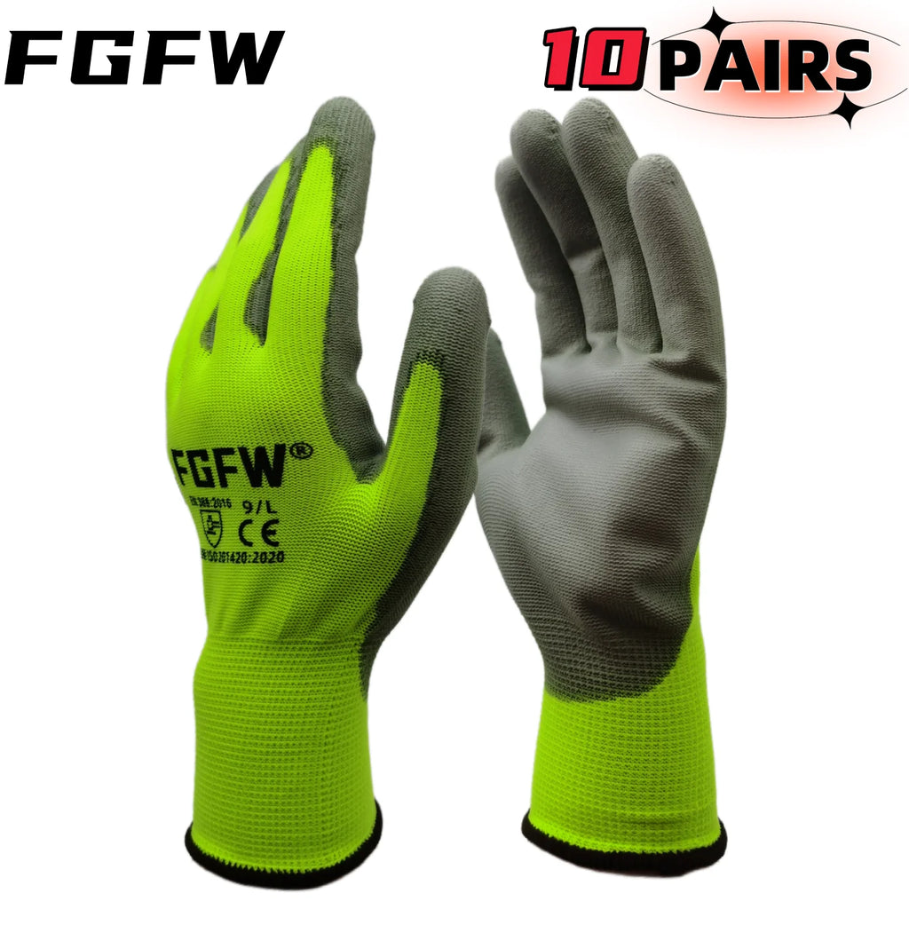 10 paires de gants de travail enduits de PU - Gants de sécurité légers et résistants, certifiés EN 388/ISO 20471, tailles S/M/L/XL