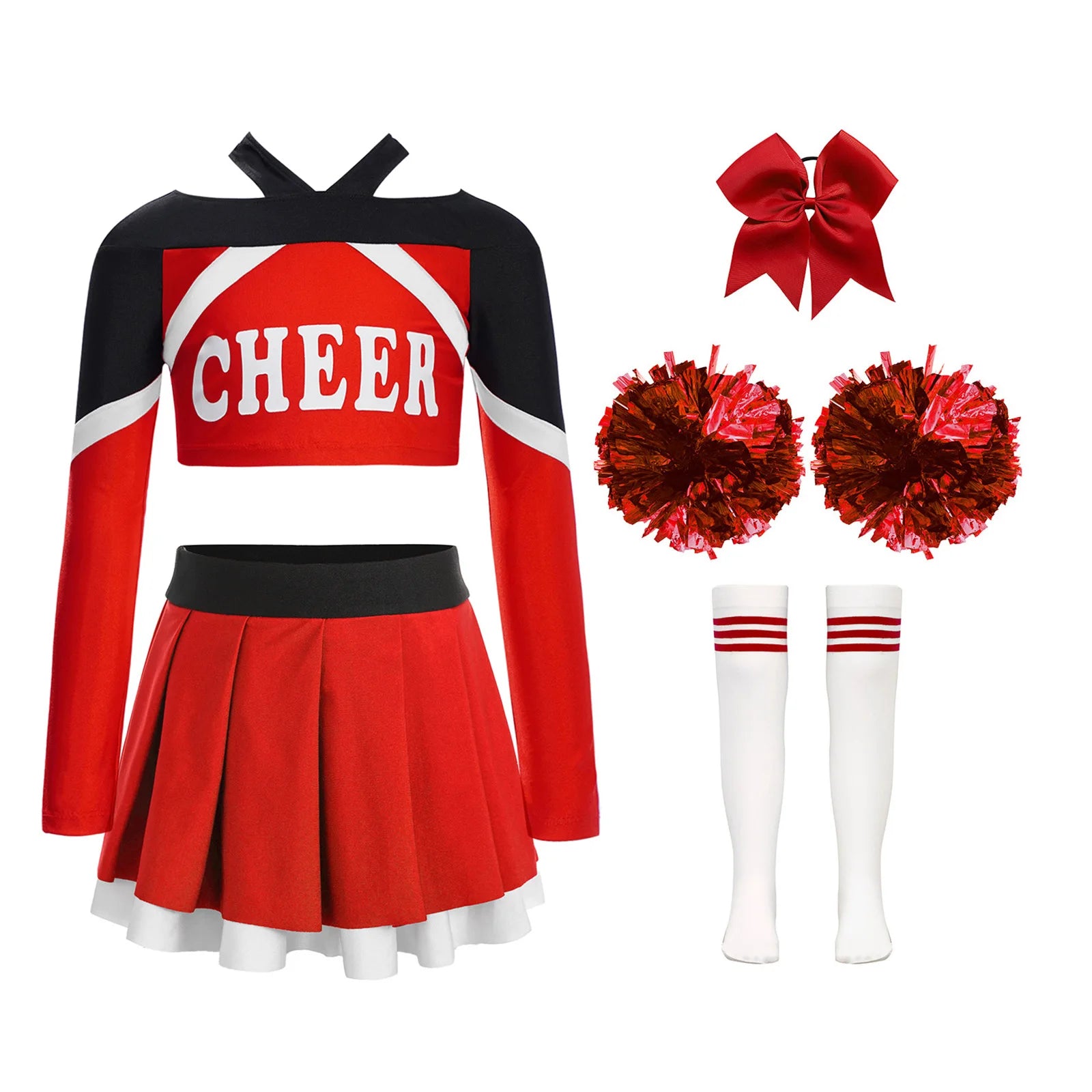 Uniformes de pom-pom girl pour enfants filles, 4 pièces, tenue de danse à l'école, paillettes brillantes, robe à épaules dénudées, déguisement de pom-pom girl de carnaval
