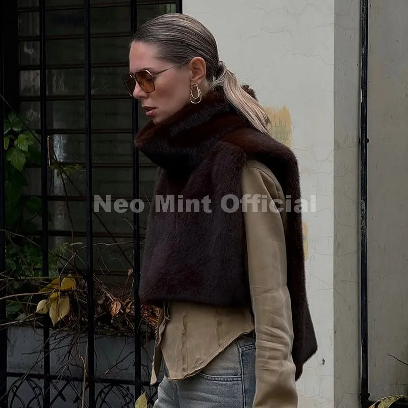 Neo Mint 2025 marque mode fausse fourrure Sable gilet haut court automne hiver col roulé Eco vison fourrure débardeurs sans manches veste manteau
