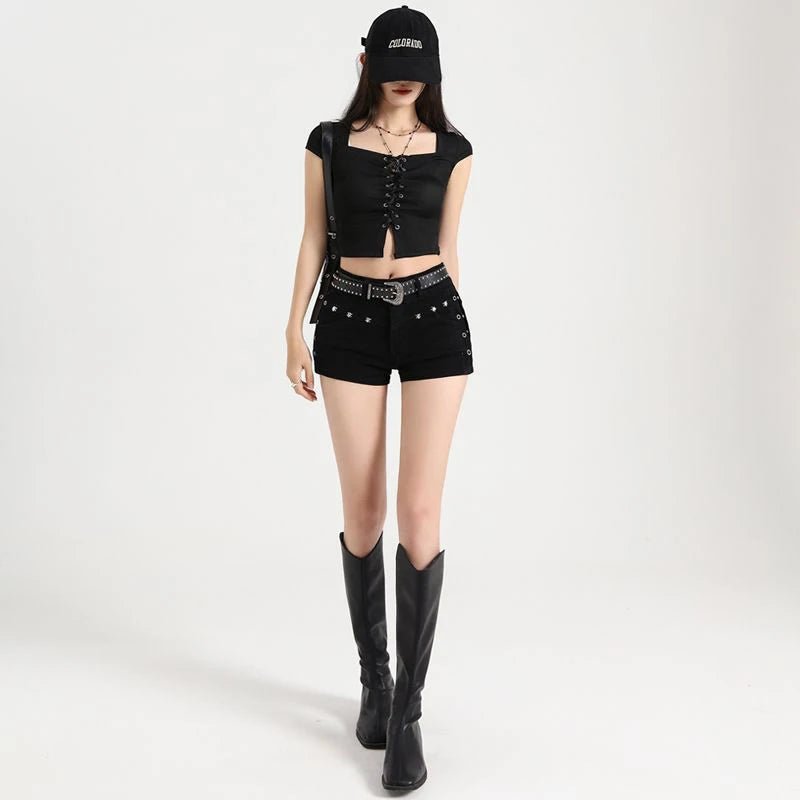Mini short en jean taille basse pour femme, Vintage, coréen, populaire, léger, extensible, Streetwear, gothique, Rivet, noir, Y2k, été