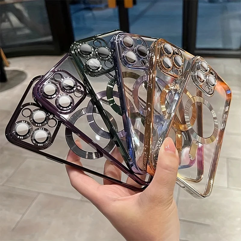 Étui transparent de luxe avec revêtement magnétique pour iPhone 11, 12, 13, 14, 15, 16, 17, Pro Max et Air Plus, compatible avec la recharge sans fil MagSafe et résistant aux chocs