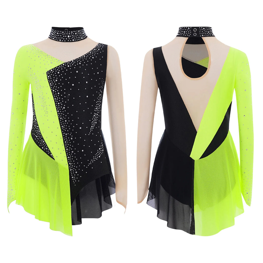 Robe de patinage artistique pour enfants filles, manches longues, strass, maille transparente, body de gymnastique, danse lyrique, Ballet, acrobatie, justaucorps