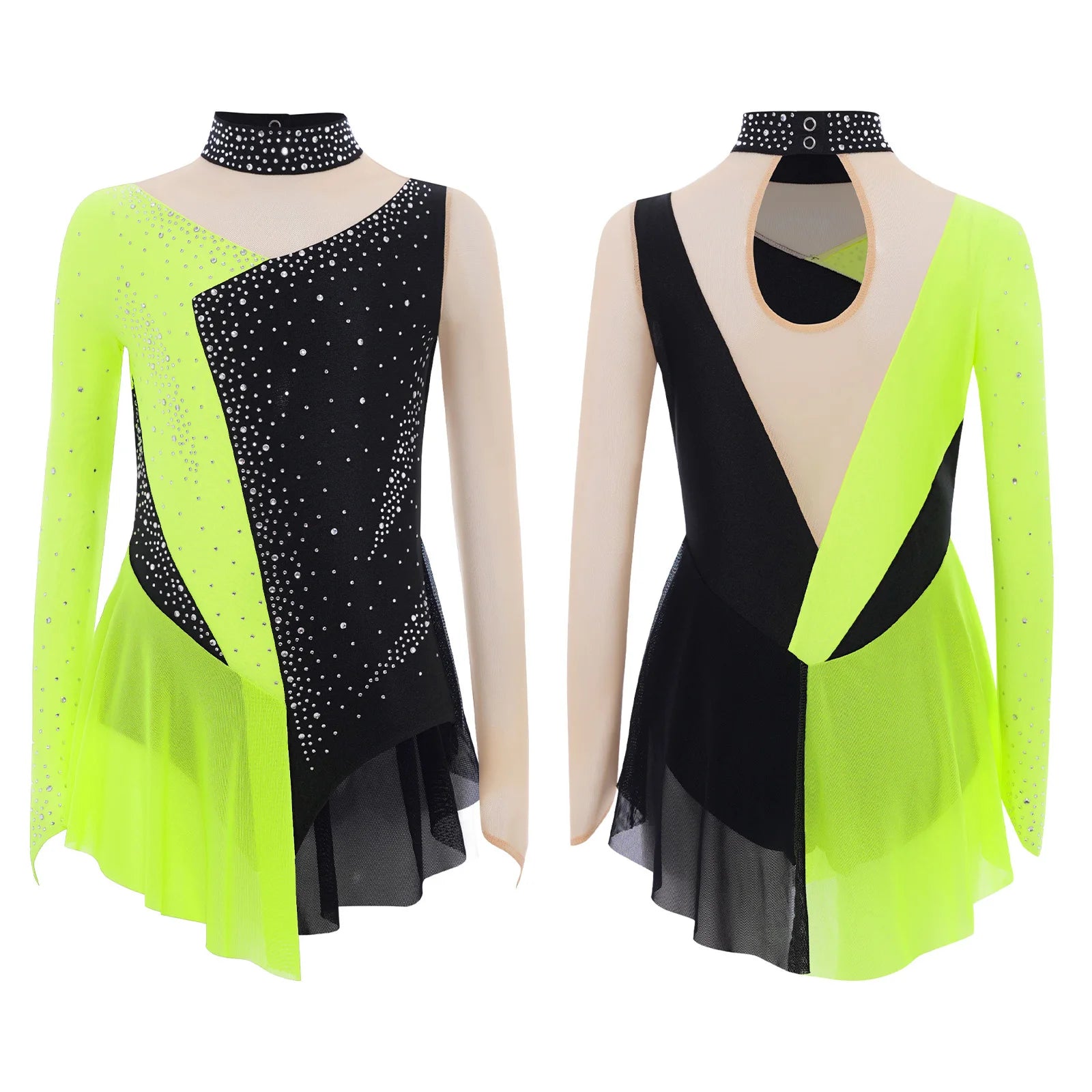 Robe de patinage artistique pour enfants filles, manches longues, strass, maille transparente, body de gymnastique, danse lyrique, Ballet, acrobatie, justaucorps