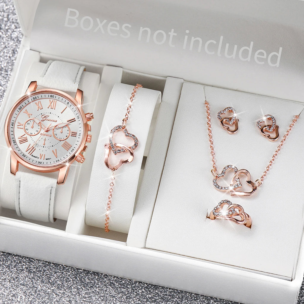 Ensemble de 5 montres pour femmes, style Genève, avec bracelet en cuir décontracté et strass en forme de cœur (sans boîte)