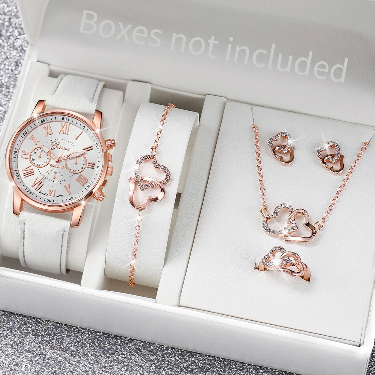 Ensemble de 5 montres pour femmes, style Genève, avec bracelet en cuir décontracté et strass en forme de cœur (sans boîte)