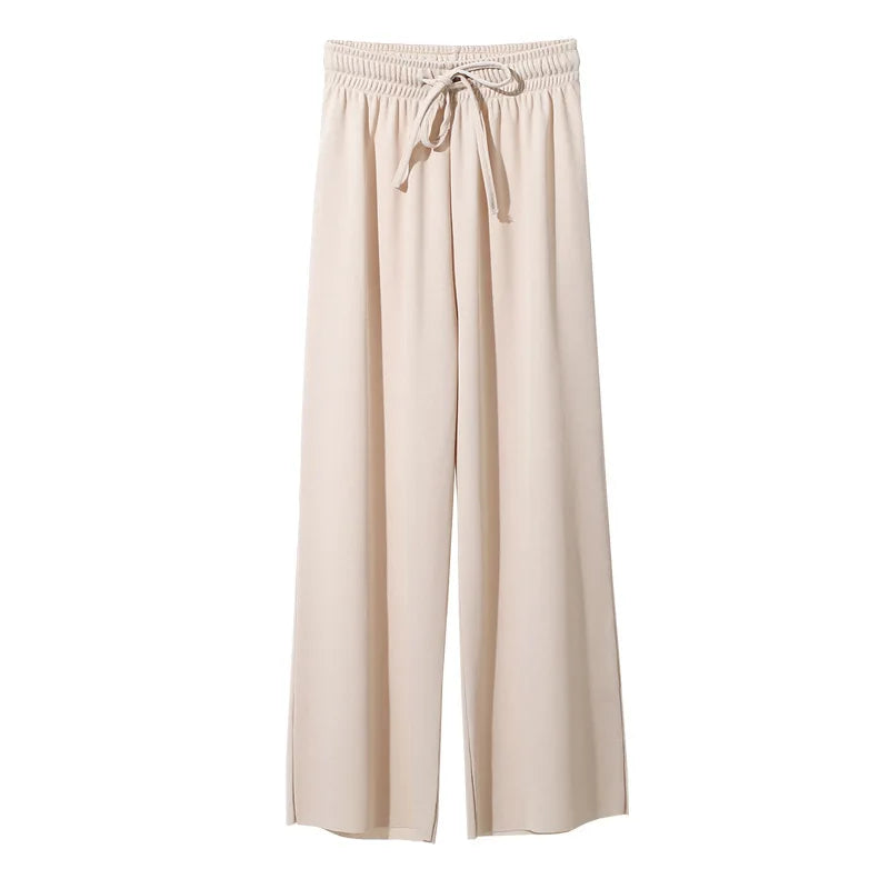 Pantalon à jambes larges pour femmes, longueur cheville, décontracté, couleur unie, taille élastique, ample, en soie glacée, printemps été