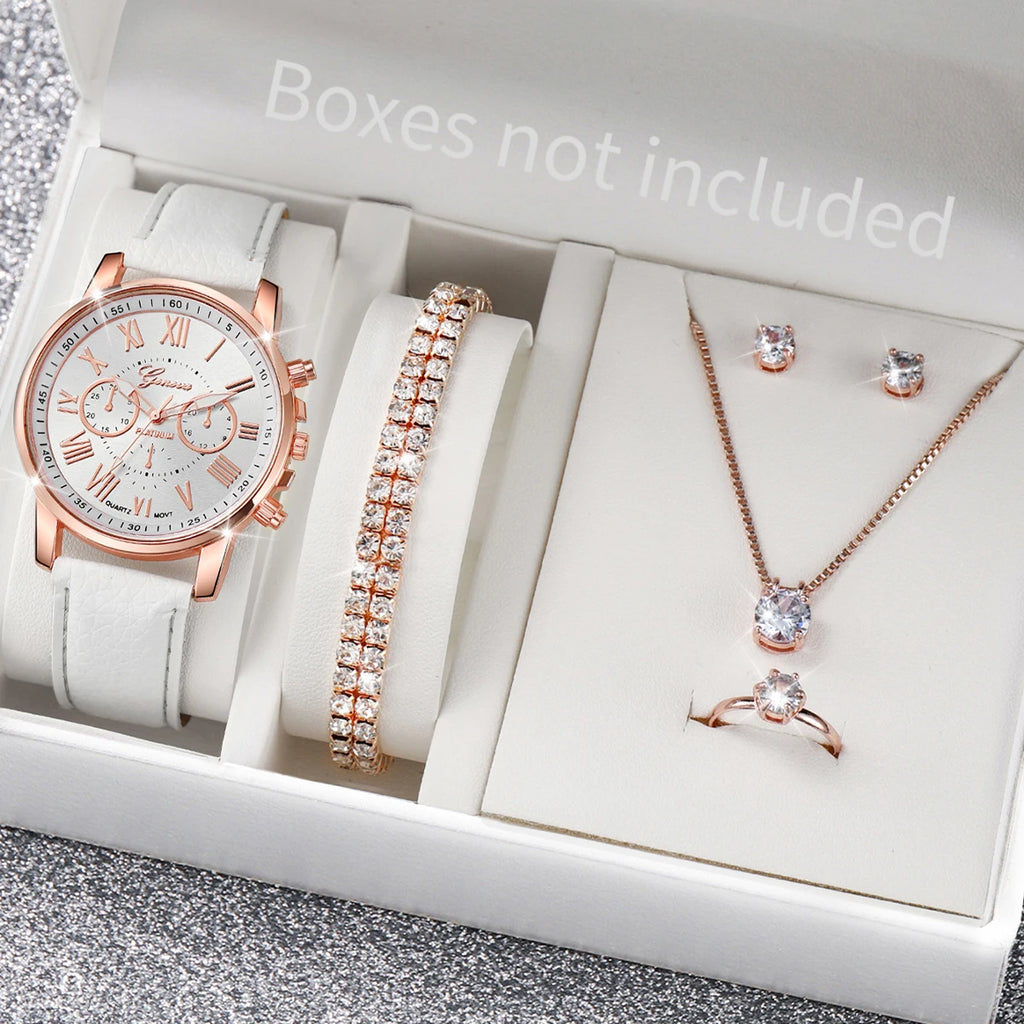 Ensemble de 5 montres pour femmes, style Genève, avec bracelet en cuir décontracté et strass en forme de cœur (sans boîte)