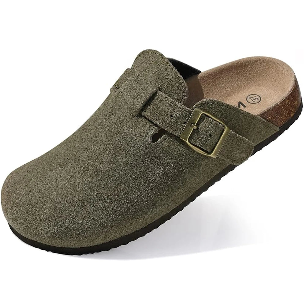 Sandales de plage classiques en daim pour hommes, sabots rétro en liège, mules avec soutien de la voûte plantaire pour femmes