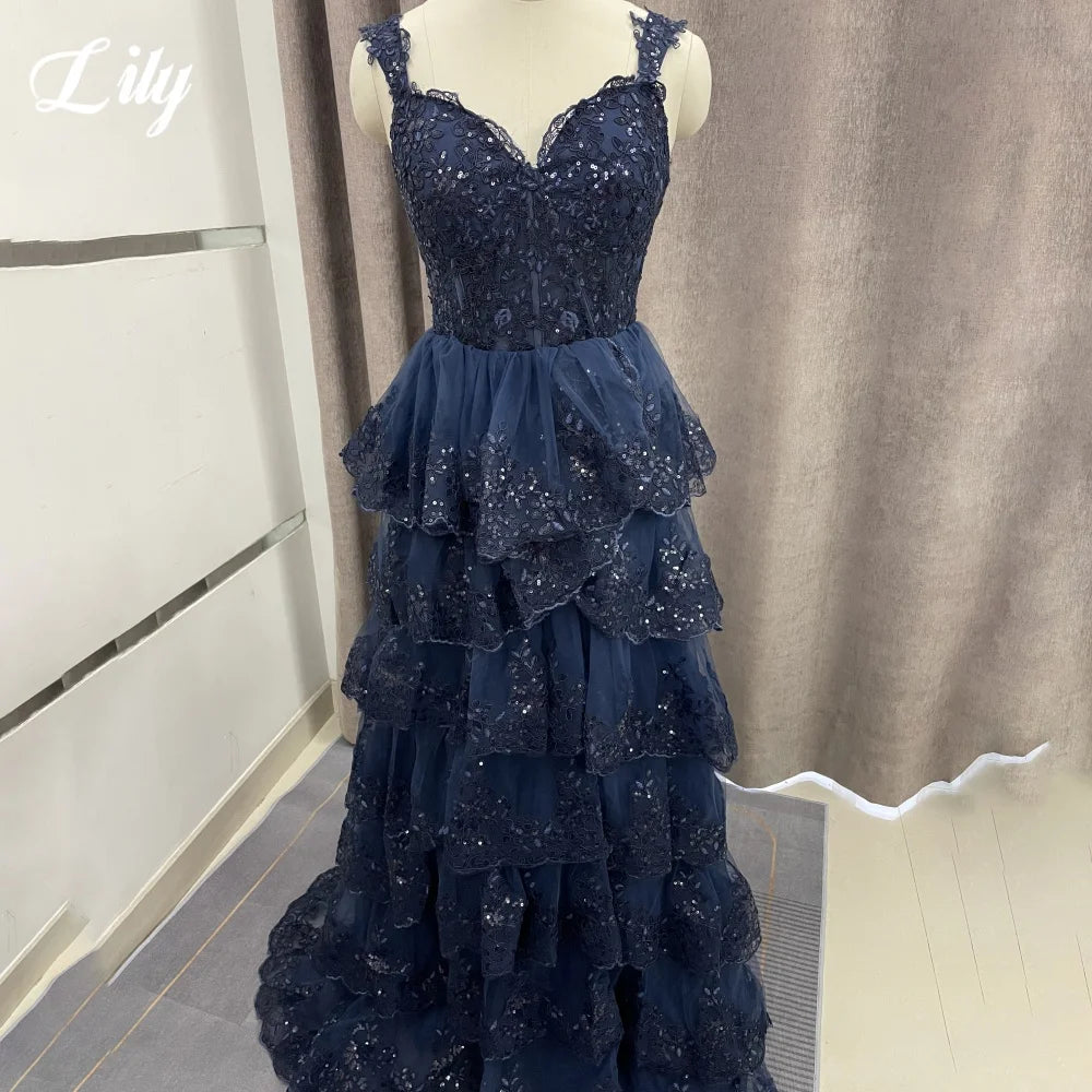 Robe de soirée bleu marine Lily, coupe trapèze, bustier cœur à volants, plis, fines bretelles, robe pour occasion spéciale, personnalisée