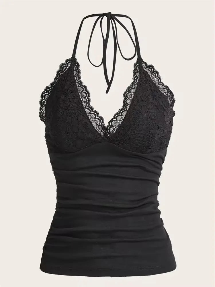 Goth Grunge Punk Noir Dentelle Patchwork Haut À Licou Femmes D'été Solide Froncé Dos Nu Sans Manches Débardeur Streetwear Y2K Vêtements