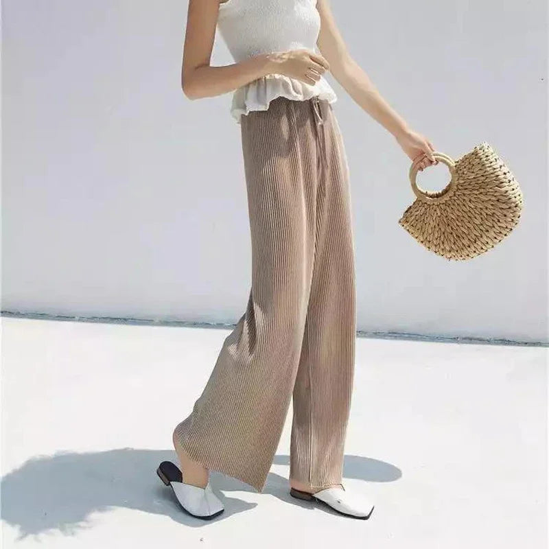 Pantalon d'été ample et confortable pour femme, à jambes larges et plissé, en soie glacée, taille élastique