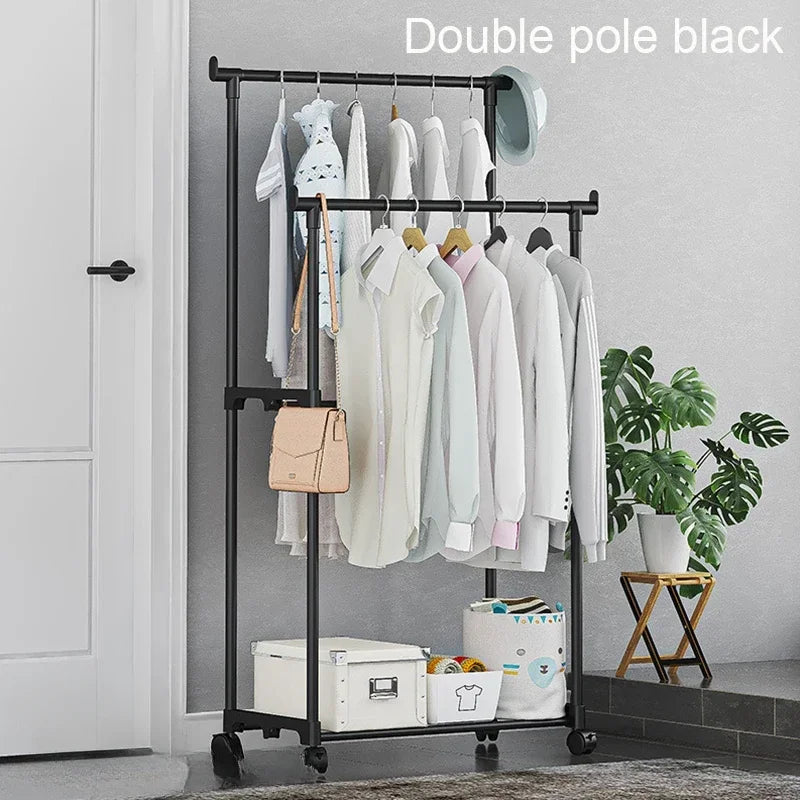 Portant à vêtements double barre avec crochets, organisateur de vêtements suspendus pour chambre à coucher, cintre mobile à roulettes