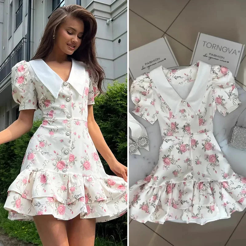 Tornova imprimé manches bouffantes robe à volants femmes col en v taille haute perles boutons Mini robe femme décontracté vacances robe de mode
