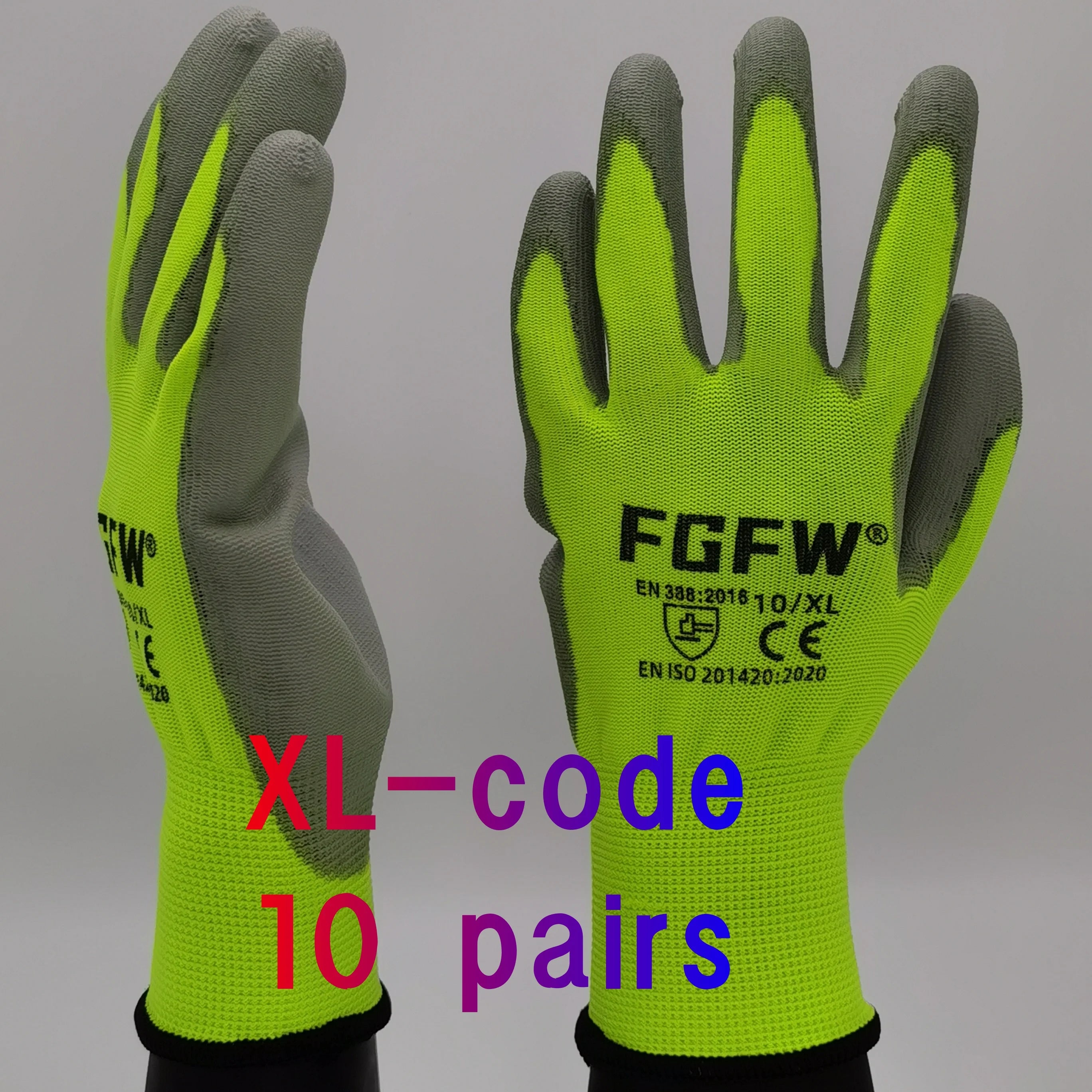 10 paires de gants de travail enduits de PU - Gants de sécurité légers et résistants, certifiés EN 388/ISO 20471, tailles S/M/L/XL
