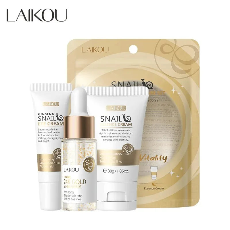 3pcs/set LAIKOU Ensemble de soins de la peau Vitamin C Sakura Essence d’escargot Sérum & Crème pour les yeux et le visage Hydratant Taille de voyage Ensemble de soins de la peau