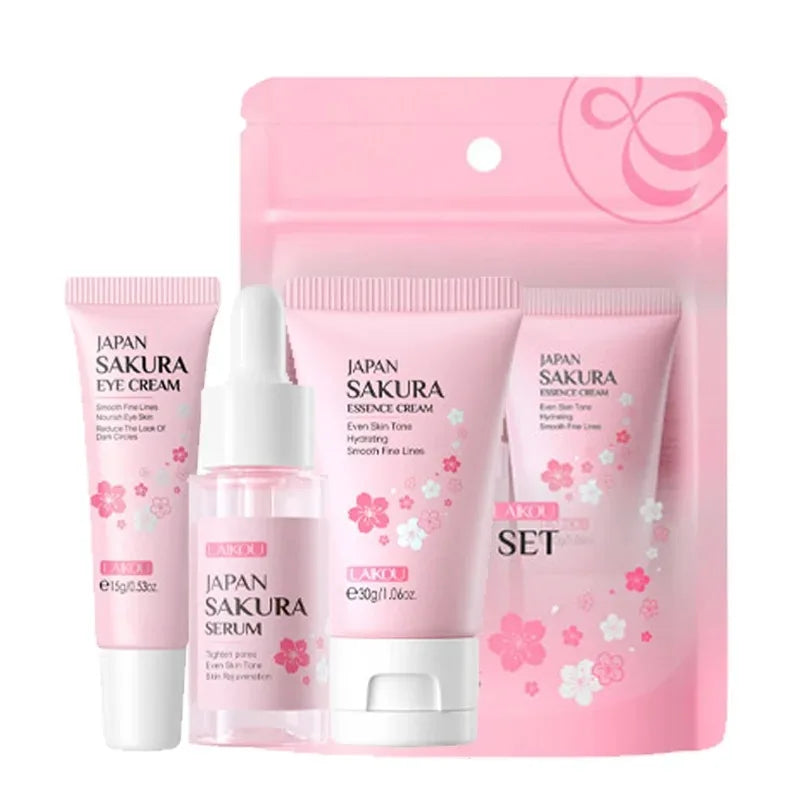3pcs/set LAIKOU Ensemble de soins de la peau Vitamin C Sakura Essence d’escargot Sérum & Crème pour les yeux et le visage Hydratant Taille de voyage Ensemble de soins de la peau
