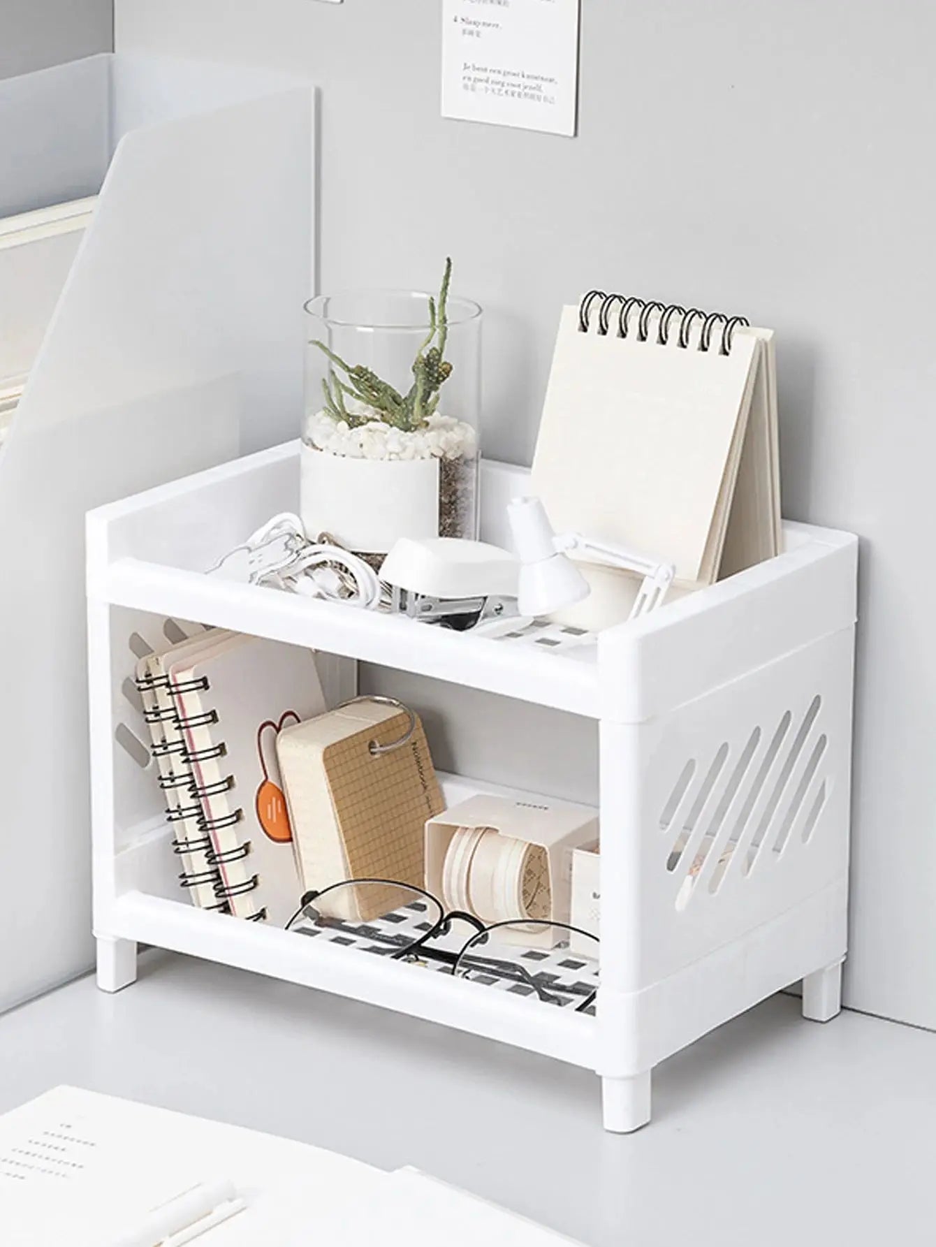 1 étagère de rangement rectangulaire blanche à double niveau en polypropylène (PP) pour bureau, idéale pour organiser le bureau des étudiants, les cosmétiques et la papeterie