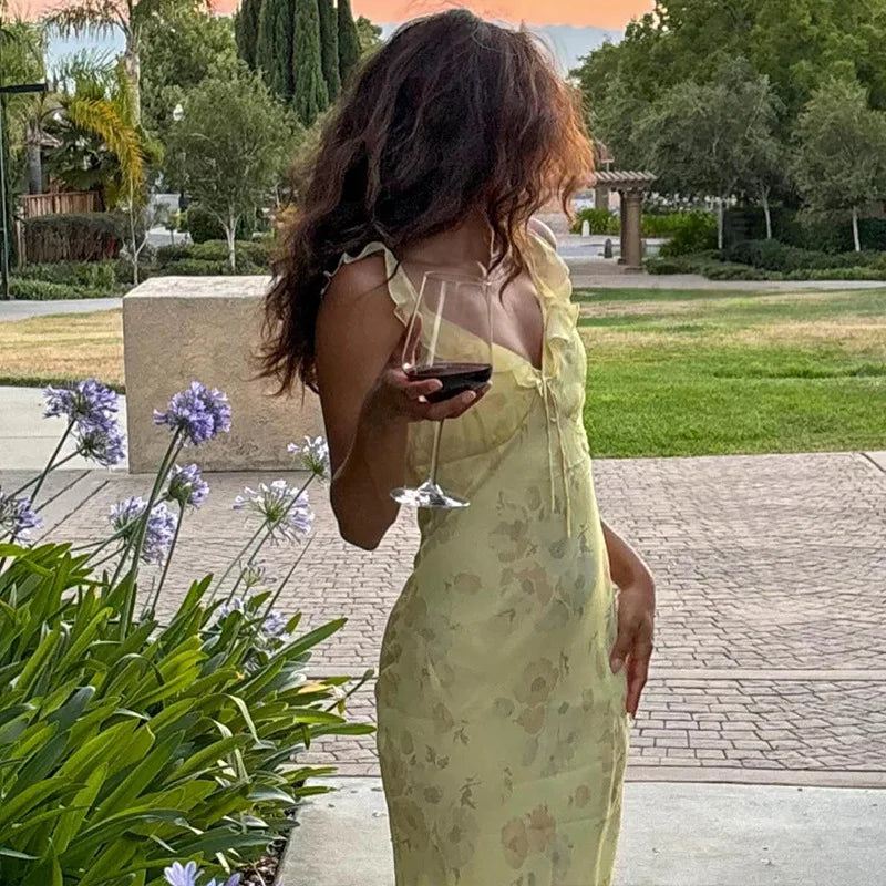 Robe Maxi plongeante à imprimé Floral cryptographique, tenue Sexy, dos nu, tenue de soleil féerique, vêtements de plage, vacances, Coquette, été