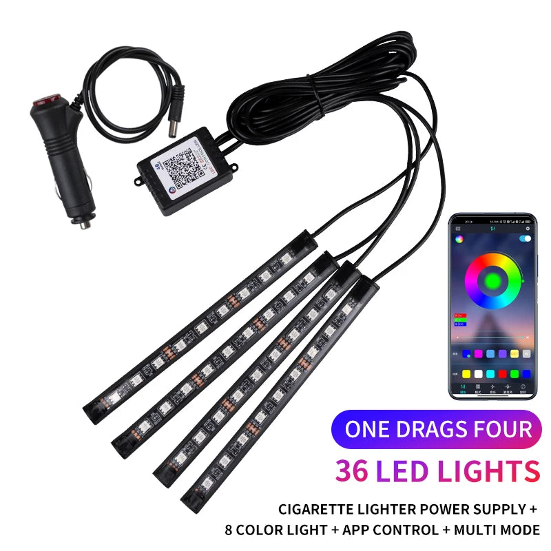 Bande LED néon 48 LED RGB pour éclairage d'ambiance au sol de voiture, avec port USB/prise allume-cigare et télécommande