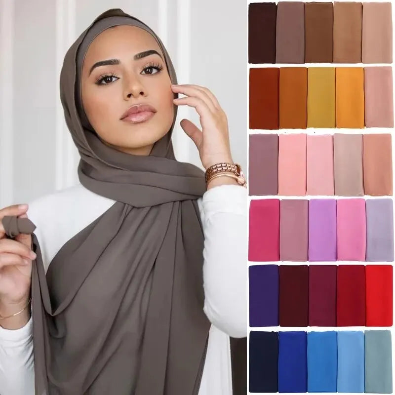 Musulman En Mousseline De Soie Hijab Écharpe Femmes Longue Couleur Unie Tête Wrap Pour Femmes Hijabs Foulards Dames Musulman Voile Jersey Hijabs
