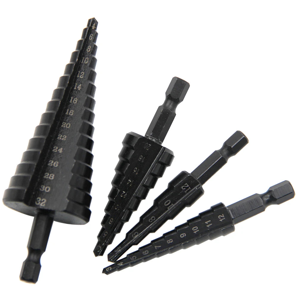 Foret étagé à queue hexagonale droite, noir, 3-12/4-12/4-20/4-32 mm, ensemble d'outils de perçage pour tour de forets