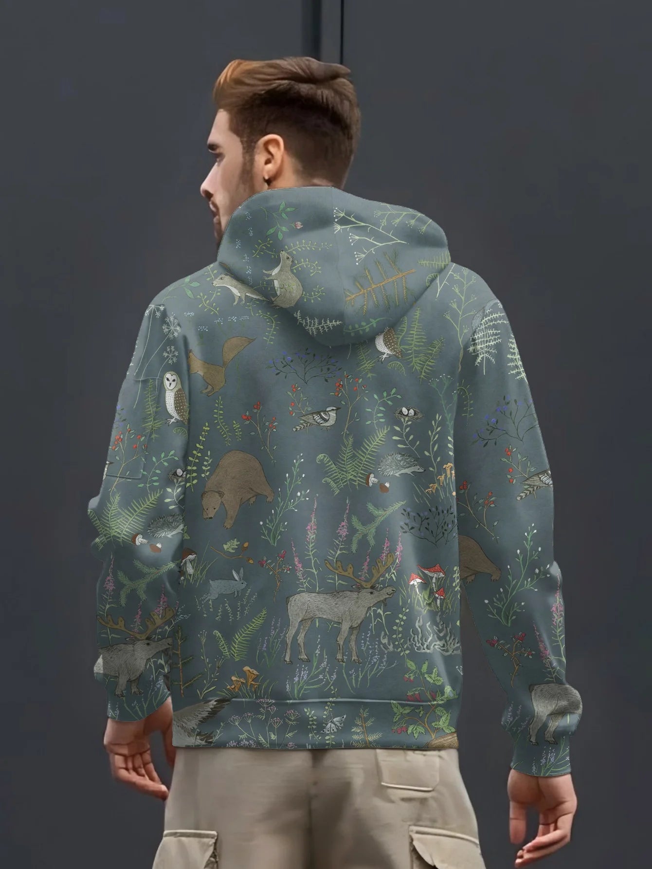 Sweat à capuche pour homme avec imprimé scène naturelle de forêt, motif animal et végétal, manches longues, haut décontracté à la mode pour le quotidien