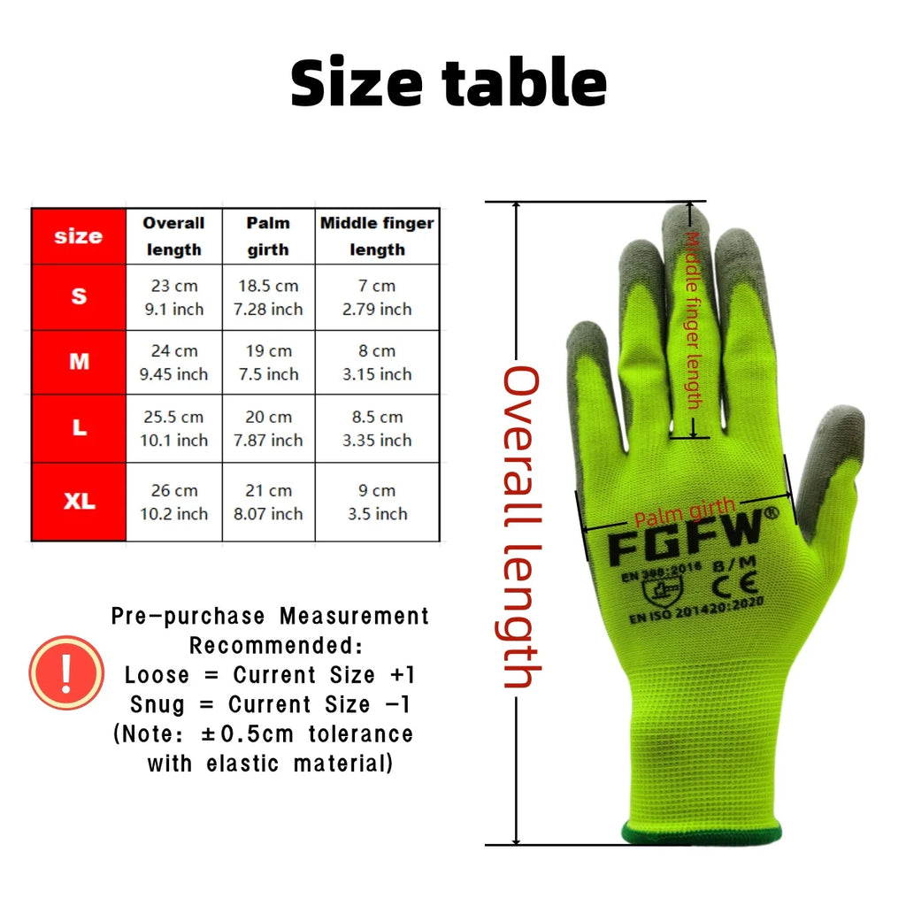 10 paires de gants de travail enduits de PU - Gants de sécurité légers et résistants, certifiés EN 388/ISO 20471, tailles S/M/L/XL