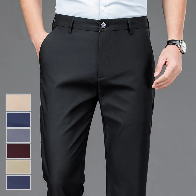 Pantalon homme stretch noir uni, coupe droite, style coréen, séchage rapide, idéal pour le bureau ou le printemps/automne