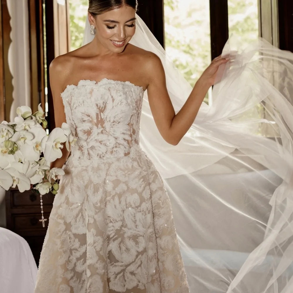 Robe de bal Amanda en dentelle blanche personnalisée, bustier, longue jusqu'au sol, voile, coupe trapèze, collection soirée formelle 2025