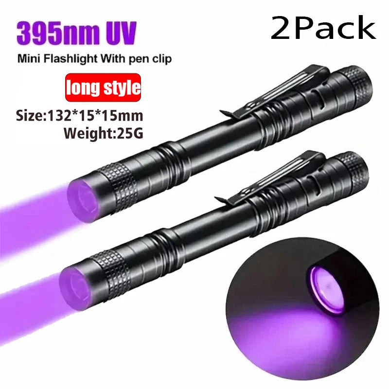 Lampe de poche UV 395nm, torche ultraviolette avec pince à stylo, piles AAA portables utilisées, lumière violette, détecteur d'urine d'animaux domestiques, lampe UV