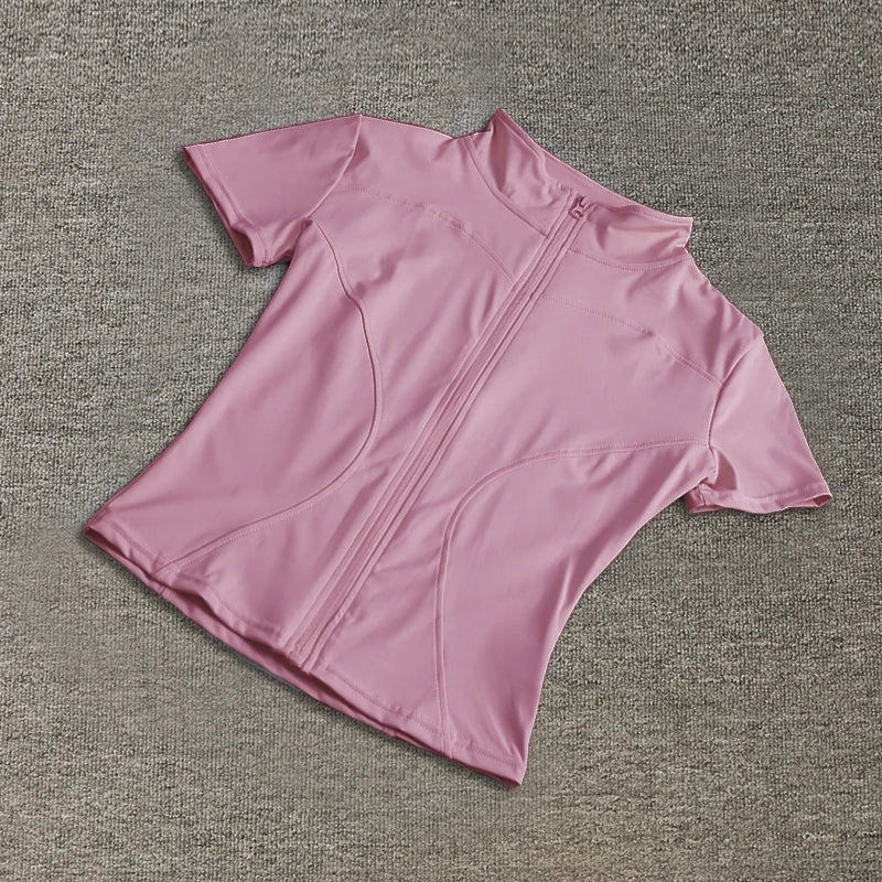 T-shirts de yoga à col montant et fermeture éclair intégrale, manches courtes