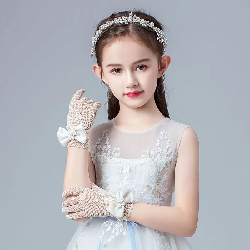 Gants de princesse tendance pour mariage, en maille, pour soirée, accessoires de fête pour enfants, avec un nœud d'anniversaire, gants de performance pour