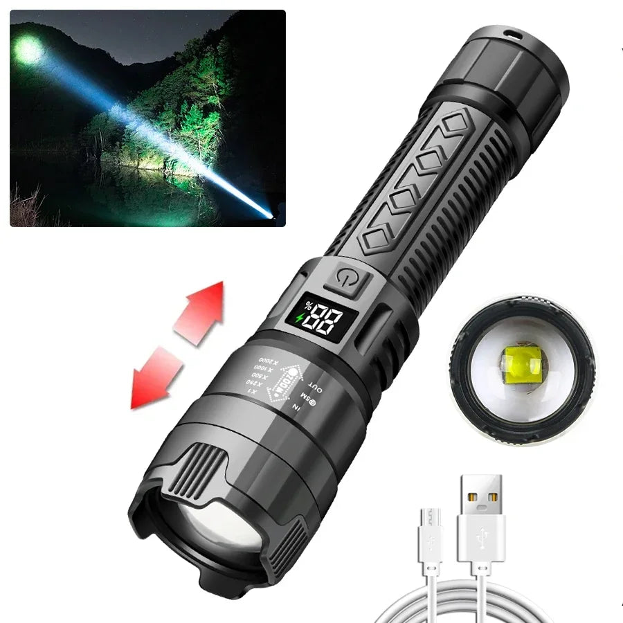Lampe de poche LED puissante avec affichage de batterie, Rechargeable par USB, Zoom télescopique, torche, lanterne pour Camping en plein air, pêche, 9900lm