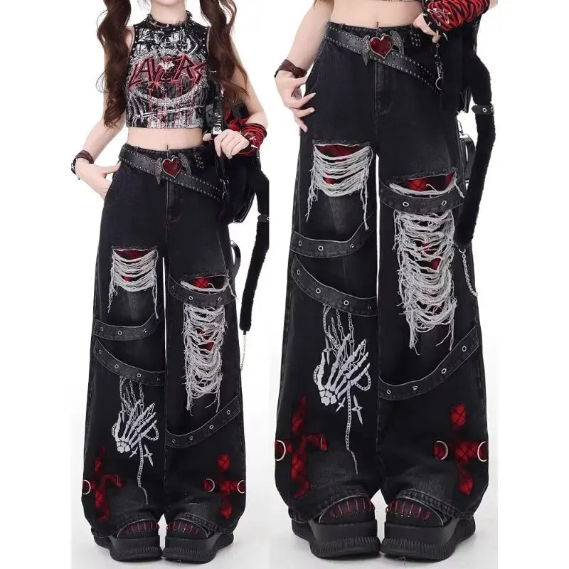 Pantalon en denim ample et décontracté pour fille épicée, style américain, punk rétro lavé, à la mode, polyvalent, décontracté