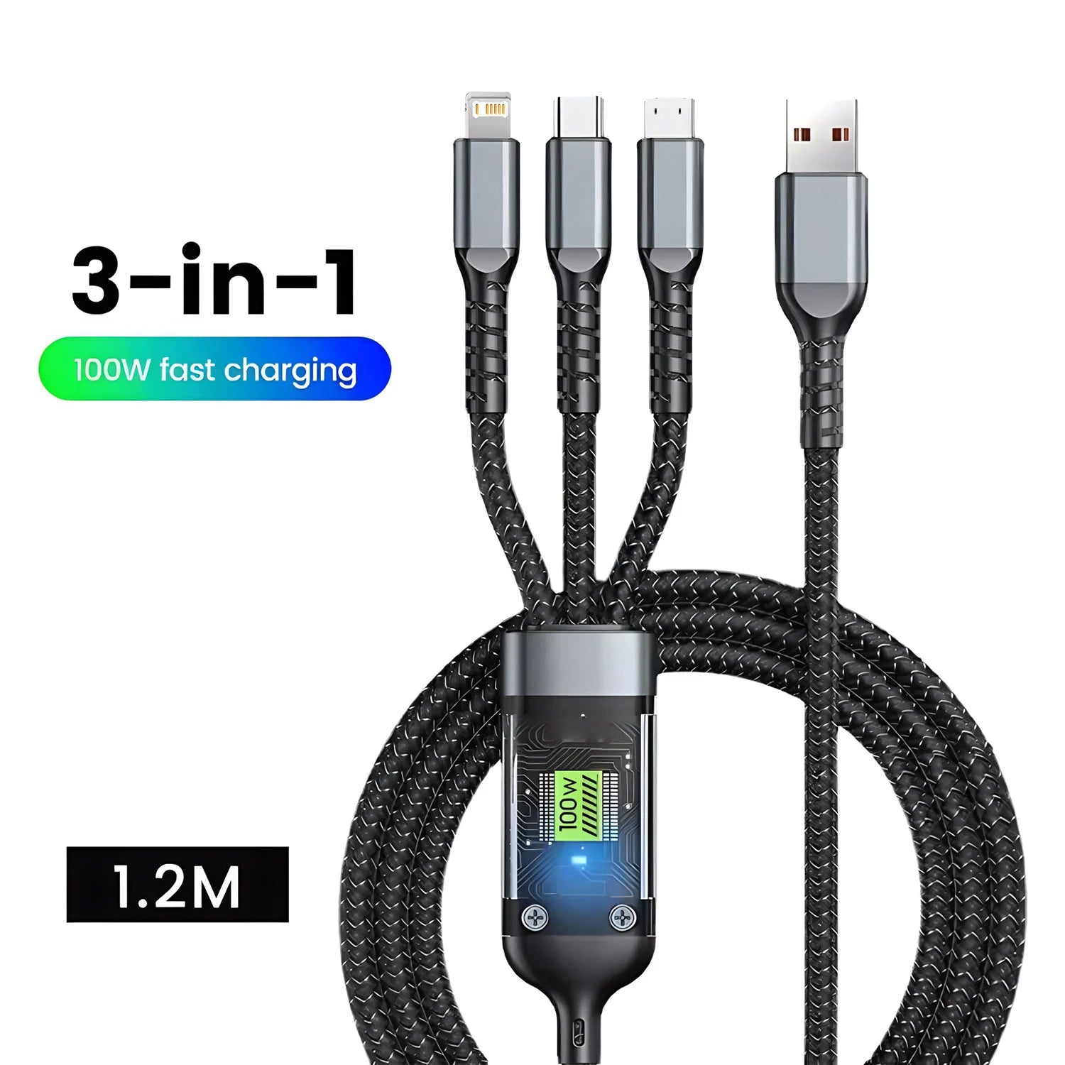 Câble de charge rapide Transparent 3 en 1 100w, Micro USB Type C, pour iPhone 15, Samsung, Huawei, chargeur de lampe pilote, câble de données USB C 6A