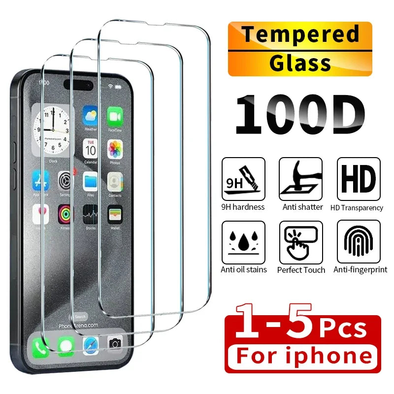Protecteur d'écran pour iPhone, 1 à 5 pièces, Film en verre trempé pour iPhone 14 13 12 11 16 15 Pro Max 6 6S 7 8 SE X XS XR