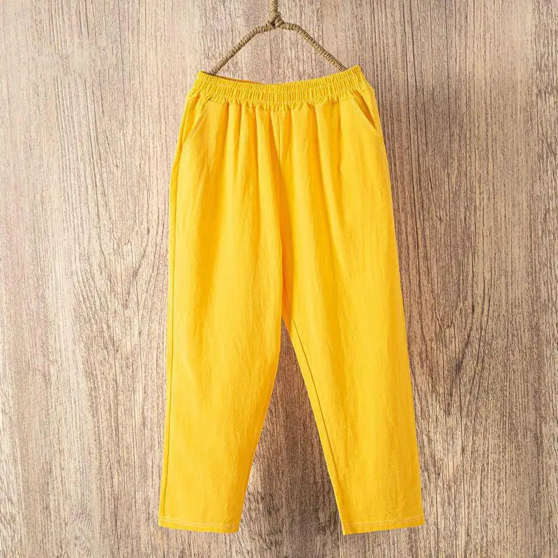 Femmes été décontracté sarouel ample taille élastique coton lin pantalon neuvième pantalon