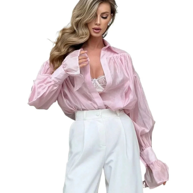 Bornladies automne femmes à la mode chemise à col ample bureau dame couleur unie polyvalent manches évasées haut à manches longues chemise
