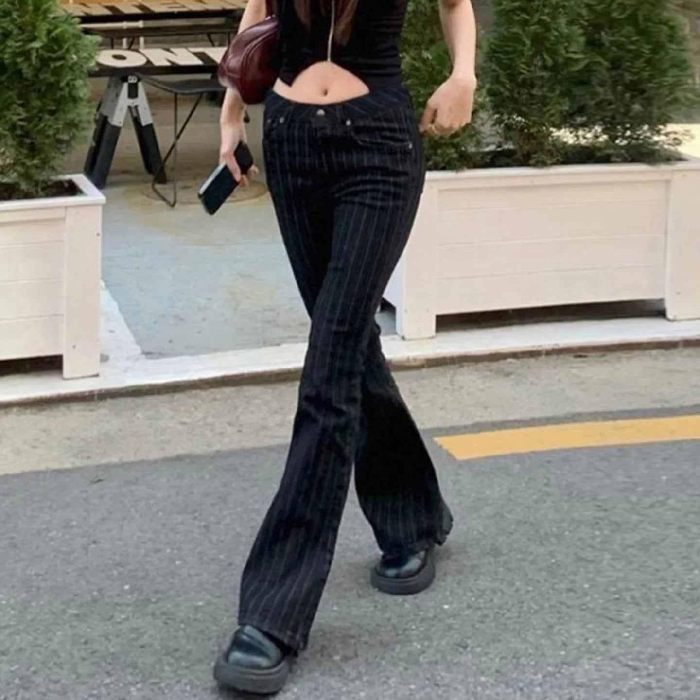 Jean taille basse pour femme, vêtement des années 2000, coupe botte, décontracté, rayé noir, pantalon en Denim, Streetwear, pantalon évasé, P77-DD25