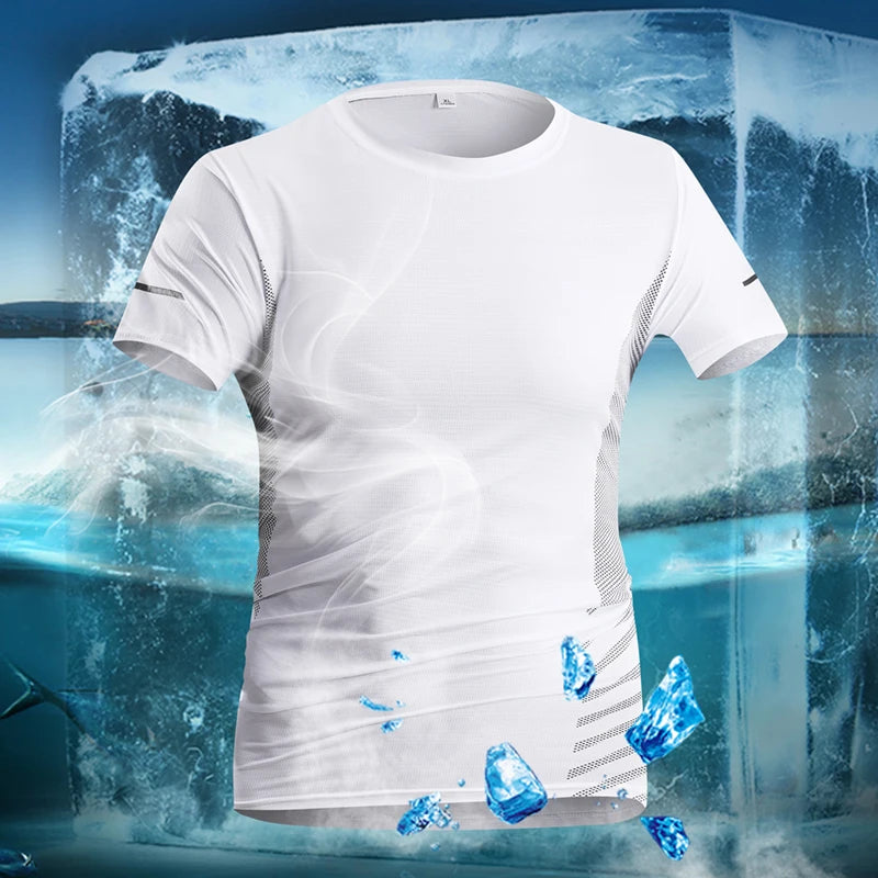 T-shirt de course homme été en soie glacée fine, imprimé réfléchissant, séchage rapide, manches courtes, respirant, idéal pour le fitness et le sport, taille 5XL